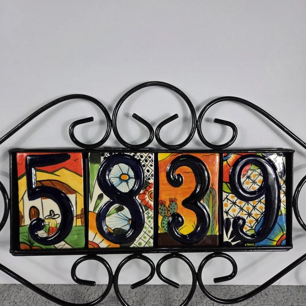 Lot of 4 Mexican Tile House Numbers And Metal Frame Holder *Pick Your #'S/Style